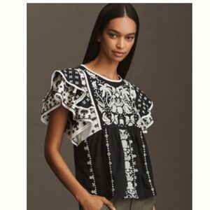 FARM Rio Black and White Ruffled Blouse